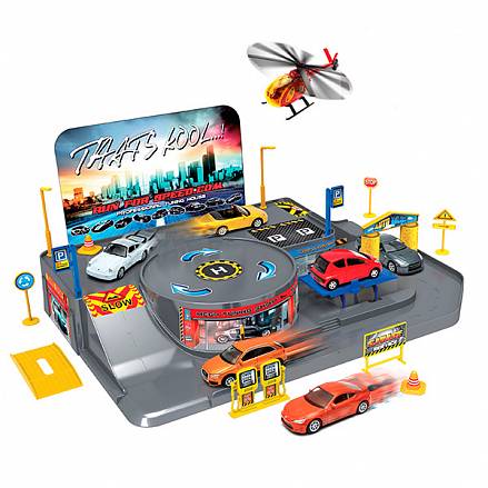 Игровой набор Welly Гараж, с 3 машинками и вертолетом 